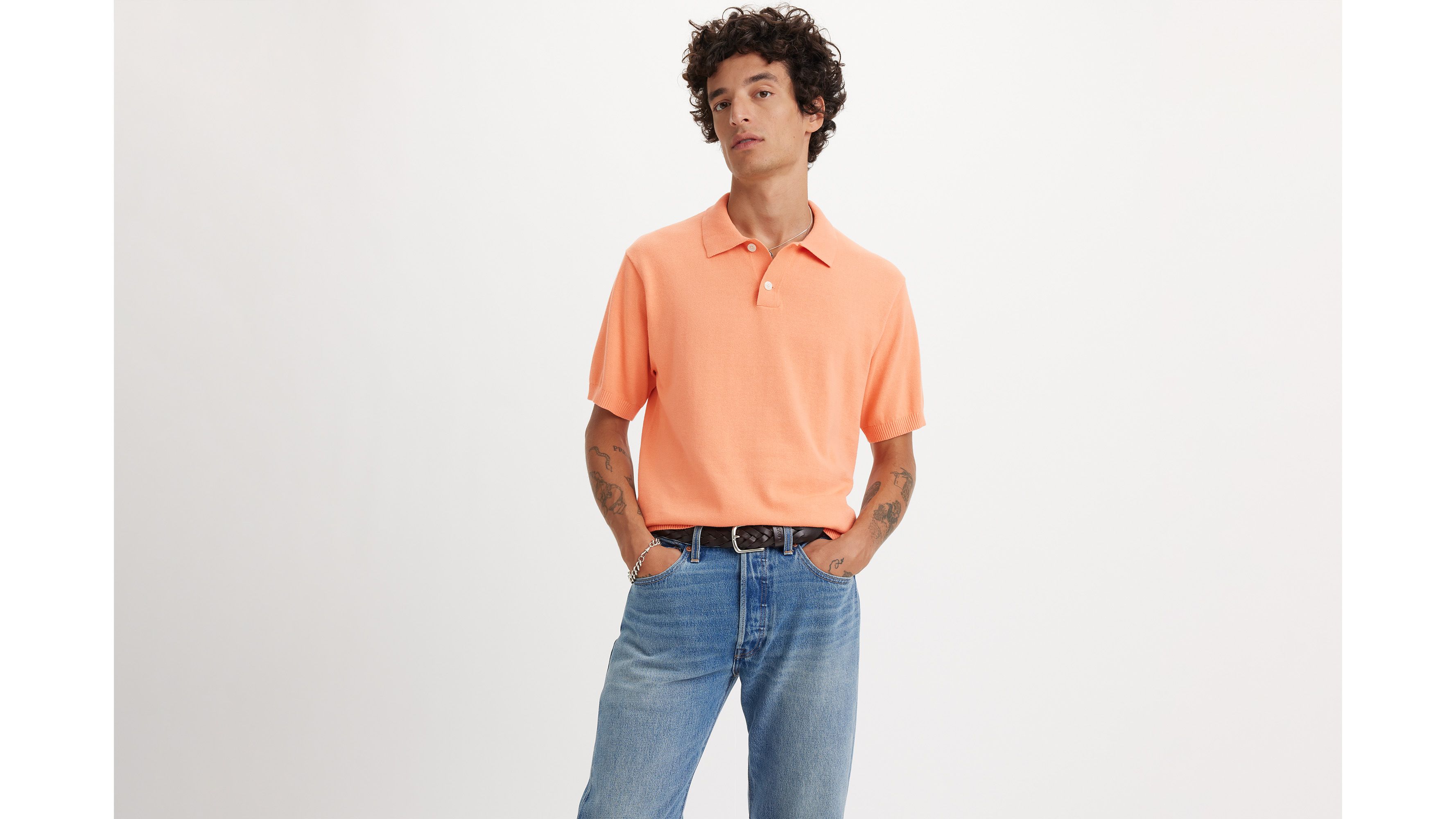 pull over col polo maille fine orange / peach bloom