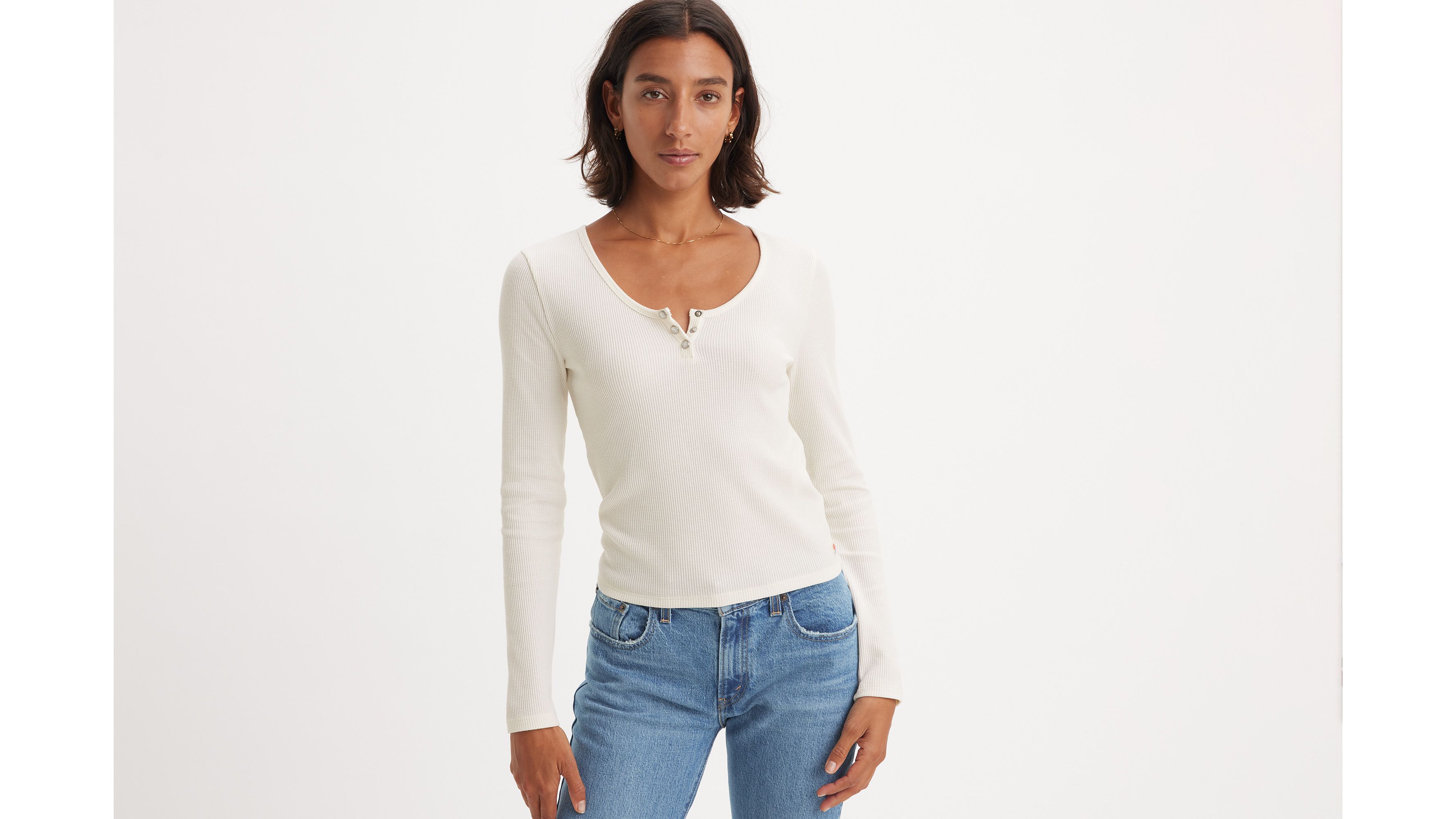 WASHED BABY WAFFLE HENLEY NECKLINE LONG SLEEVE TOP - Southern Trends