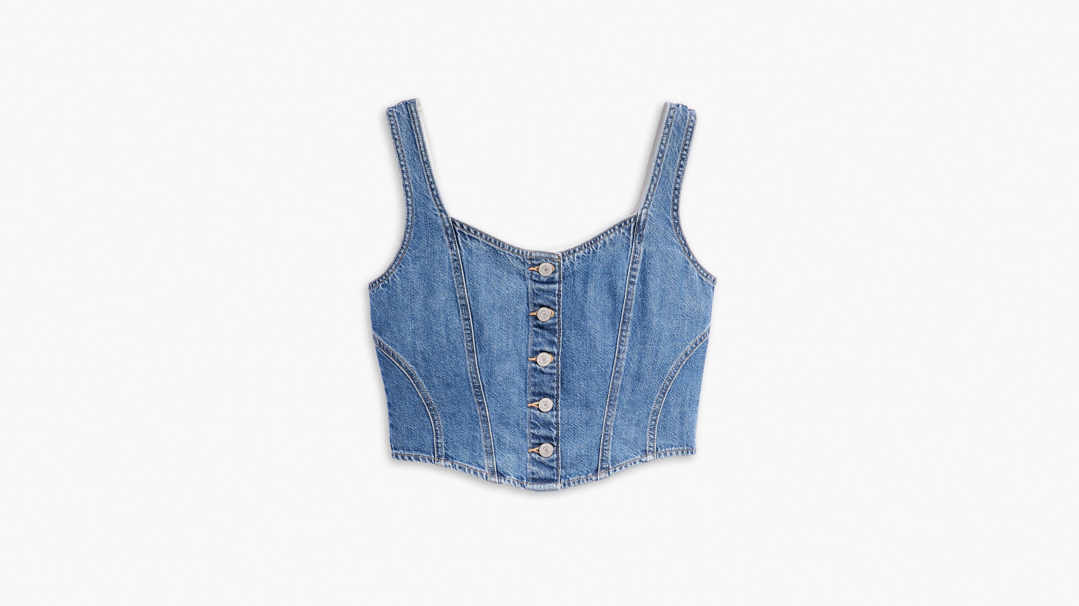 ON THE MOVE DENIM CORSET TOP in medium blue denim