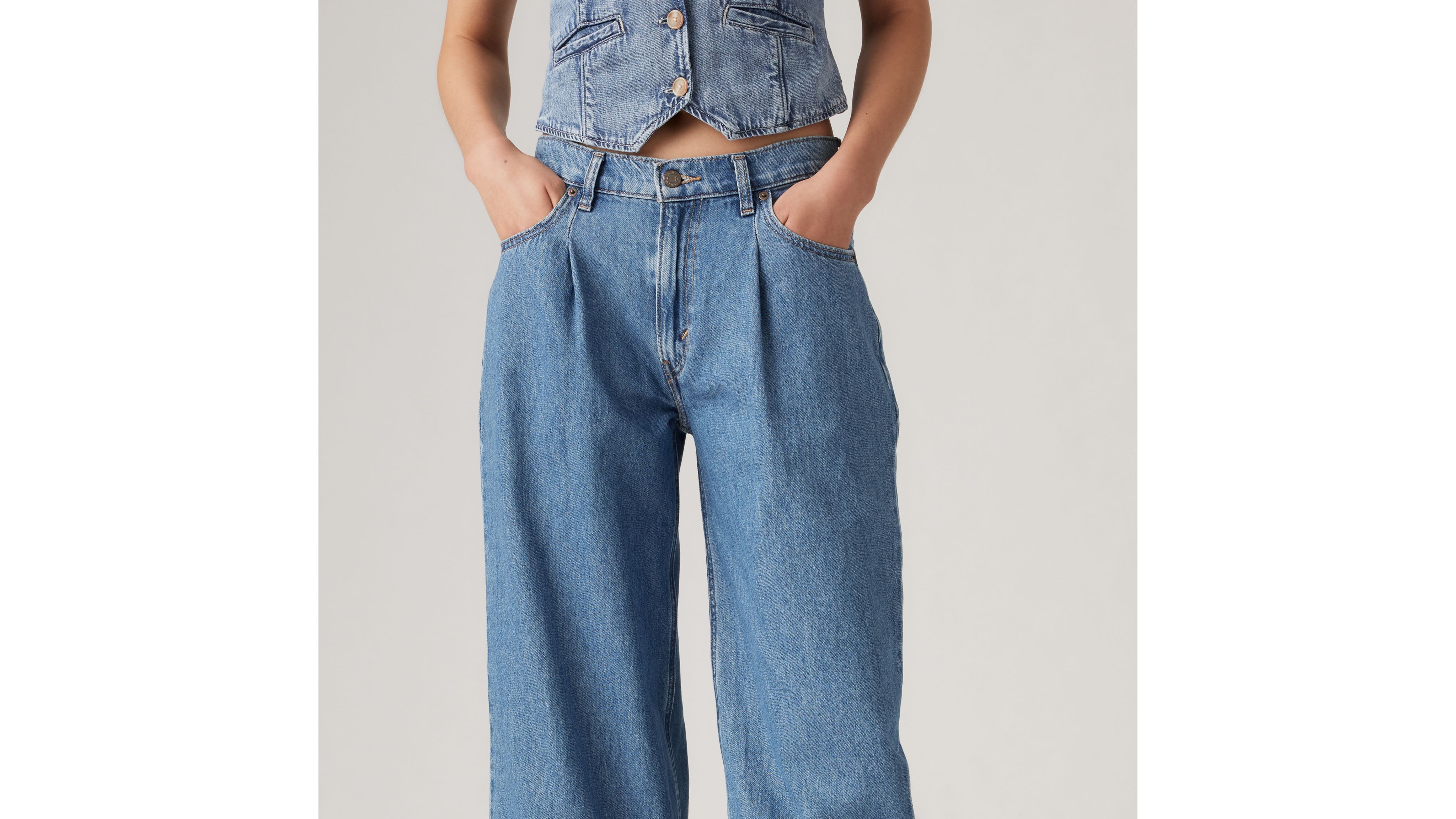 Object cotton wide leg dad jeans in mid blue wash - MBLUE