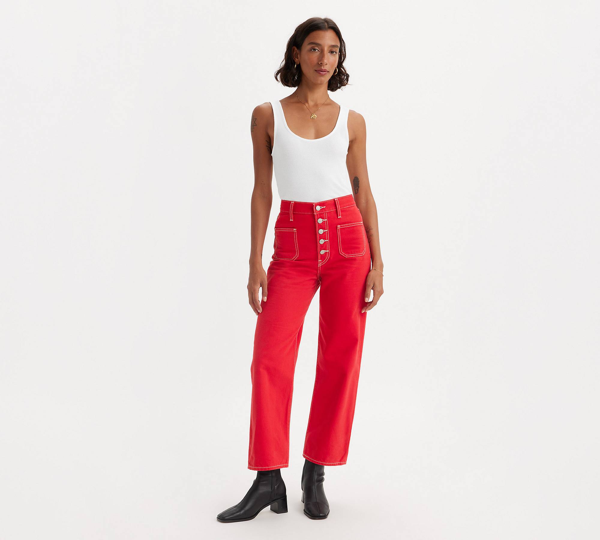 Ribcage Straight Patch Pocket Women's Jeans - Red