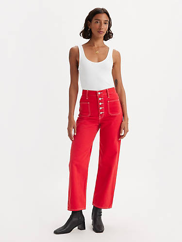 리바이스 Levi Ribcage Straight Patch Pocket Womens Jeans,Red