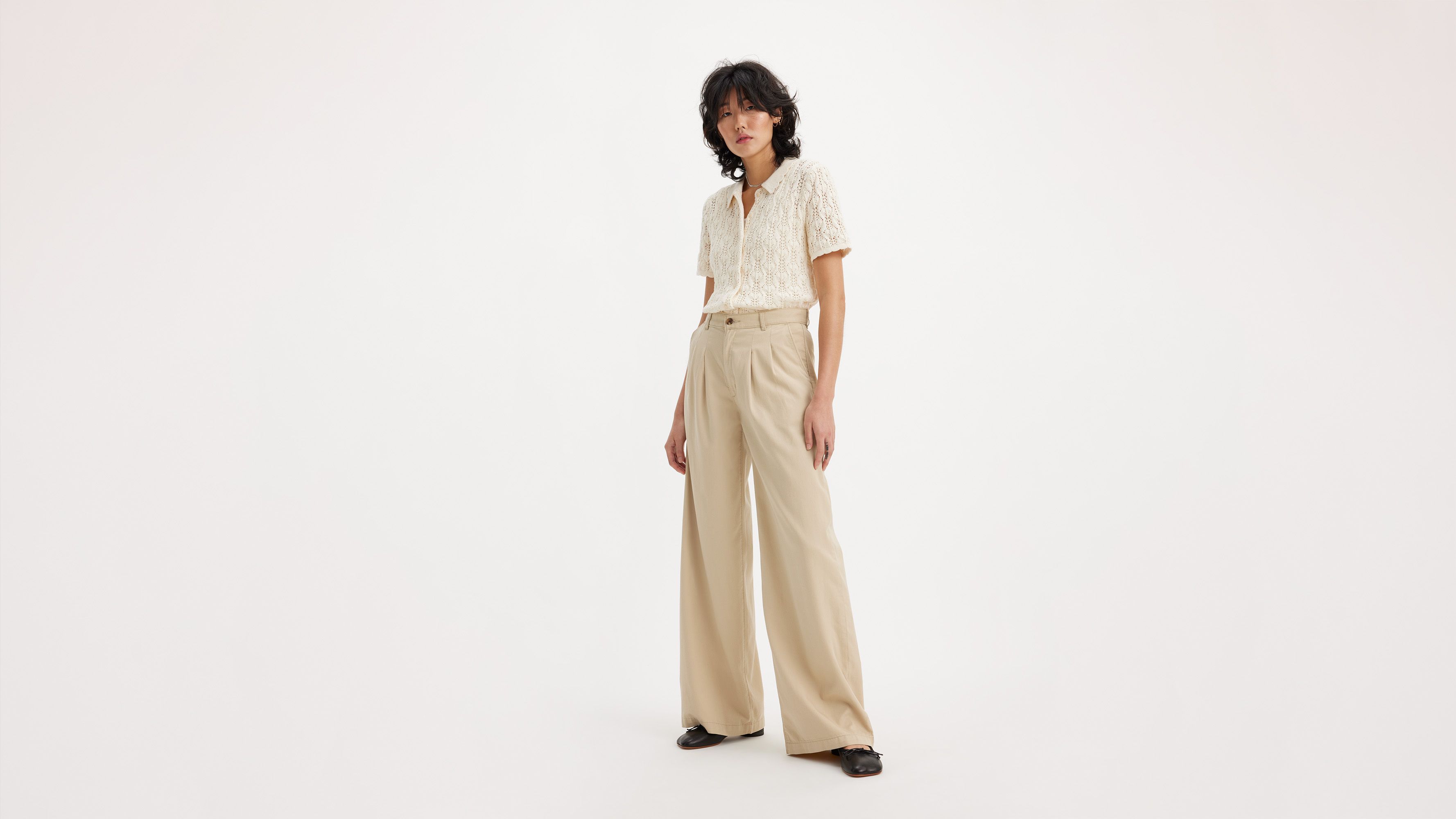 Pleated Wide Leg Women's Trouser Pants - Tan