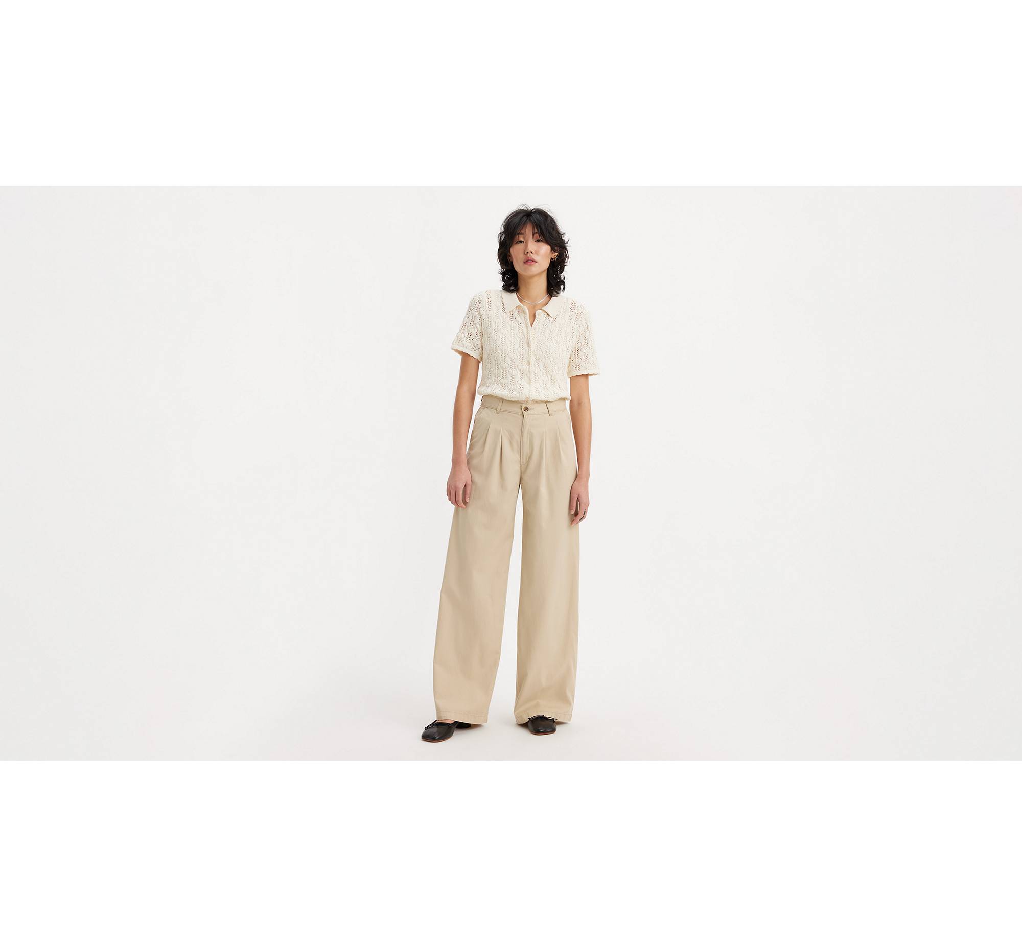 Skrfez Women's Wide Leg Pants with Pockets Lounge Beige Small High