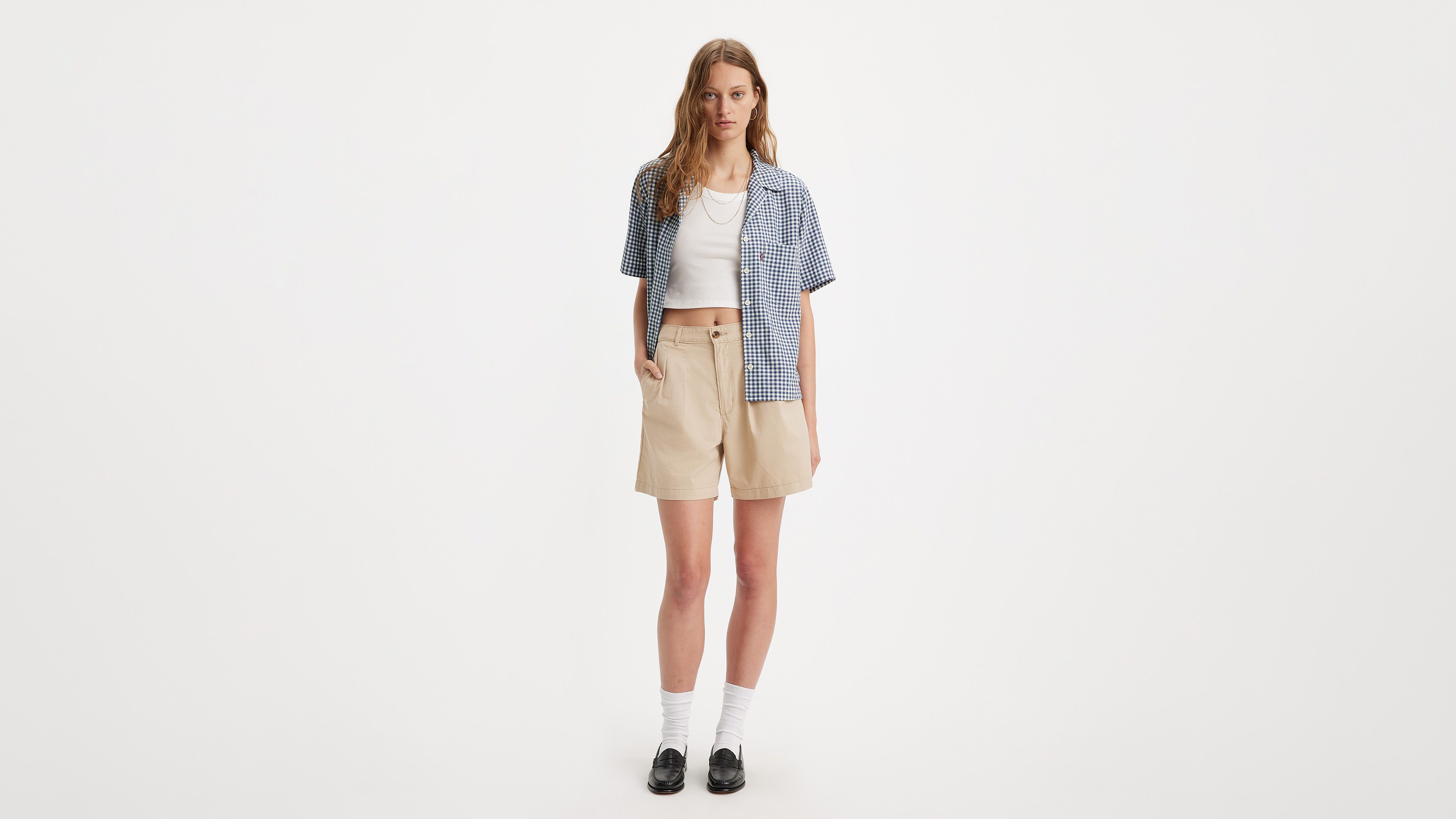 High Rise Pleated Khaki Shorts