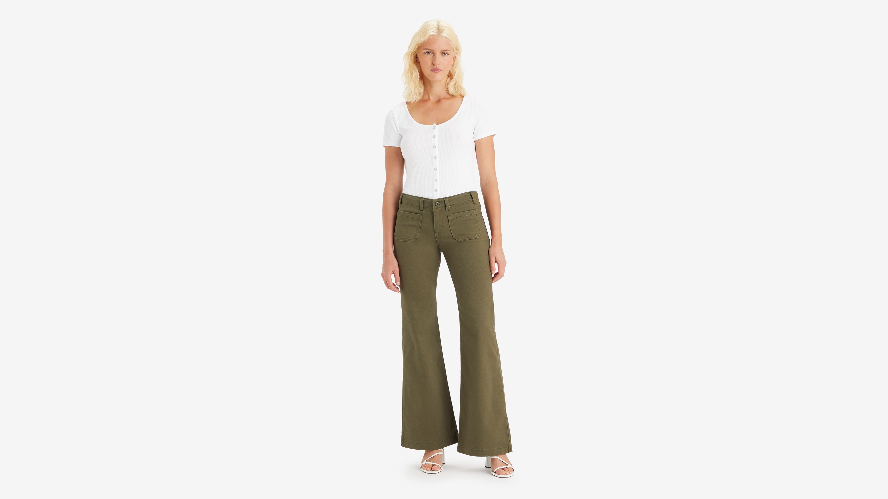 Olive Green Zip Up Flare Trousers