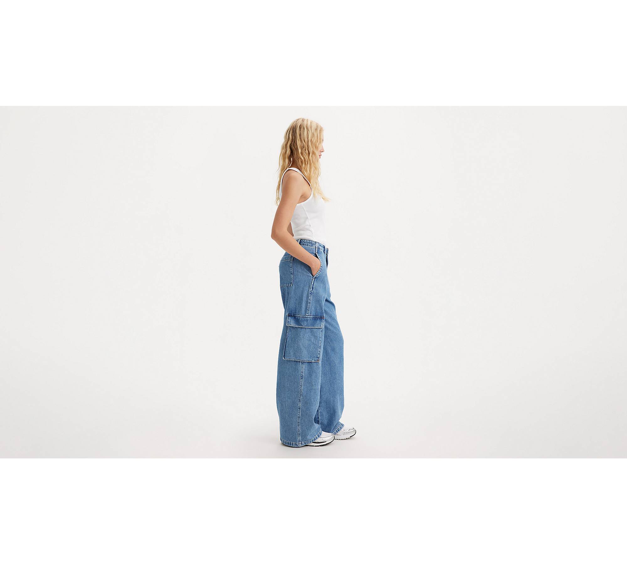 Womens Cargo Pants Wide Leg Jeans Baggy Straight Loose Casual Denim Trousers