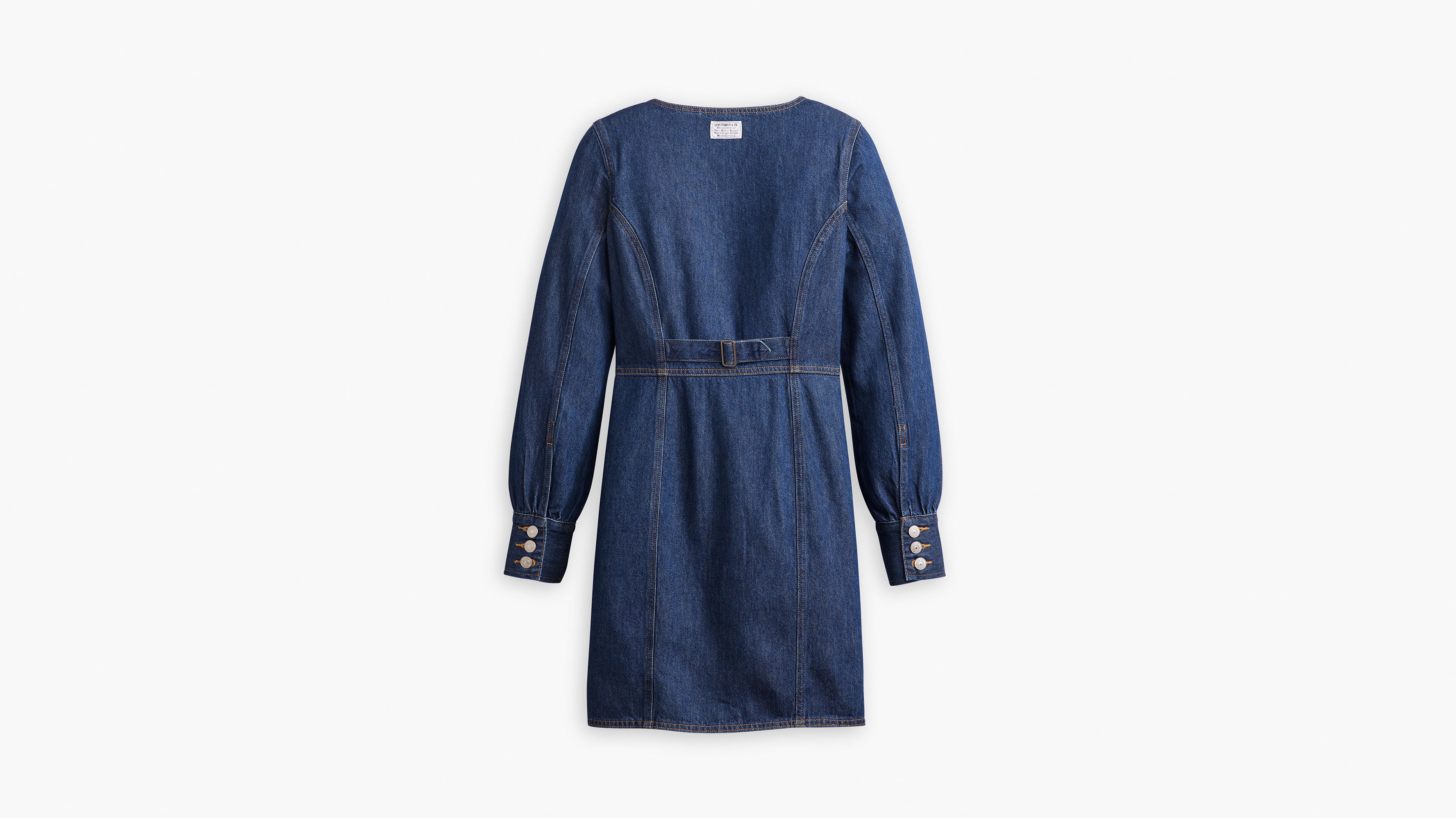 【BAON】Nyoku Ribbon Shirring Denim Long One Piece Zenner Leaf Embroidered Long-Sleeve Gown | Tadashi Shoji