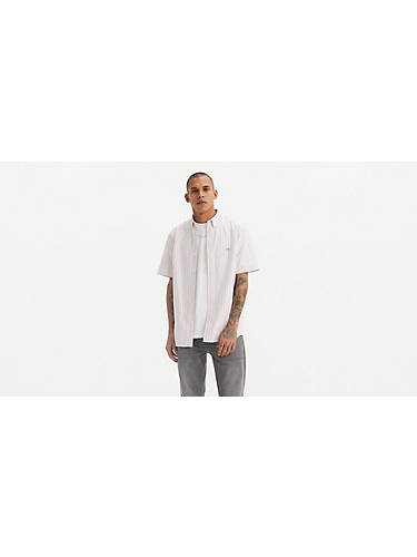 리바이스 Levi Short Sleeve Authentic Button-down Shirt,Cupertino Stripe Bright White - White