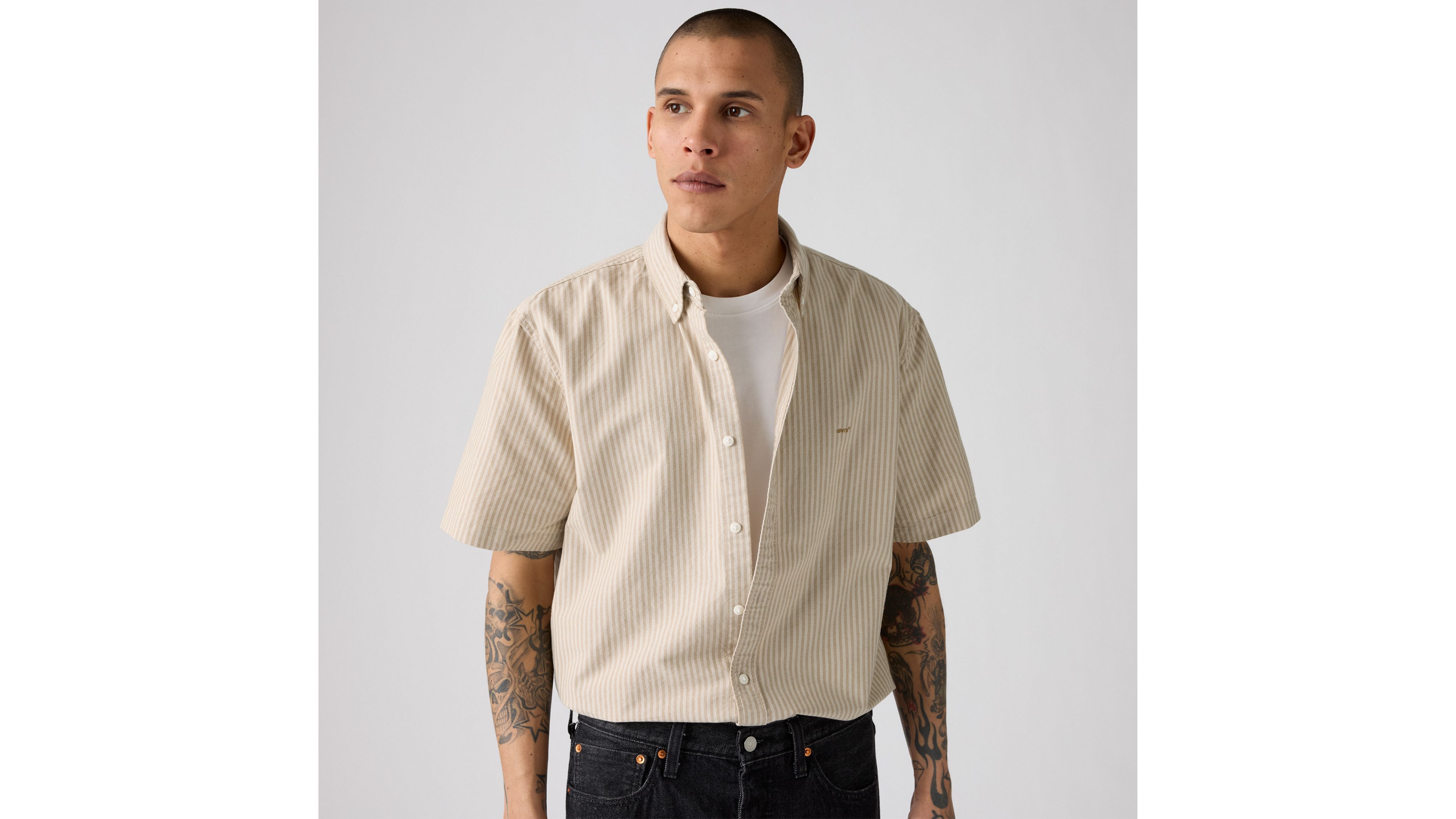 【BAON】[unisex] Hemda Stripe Over Short Sleeve Tee Men's Hightide Short Sleeve Swim Shirt | White/Navy Stripe