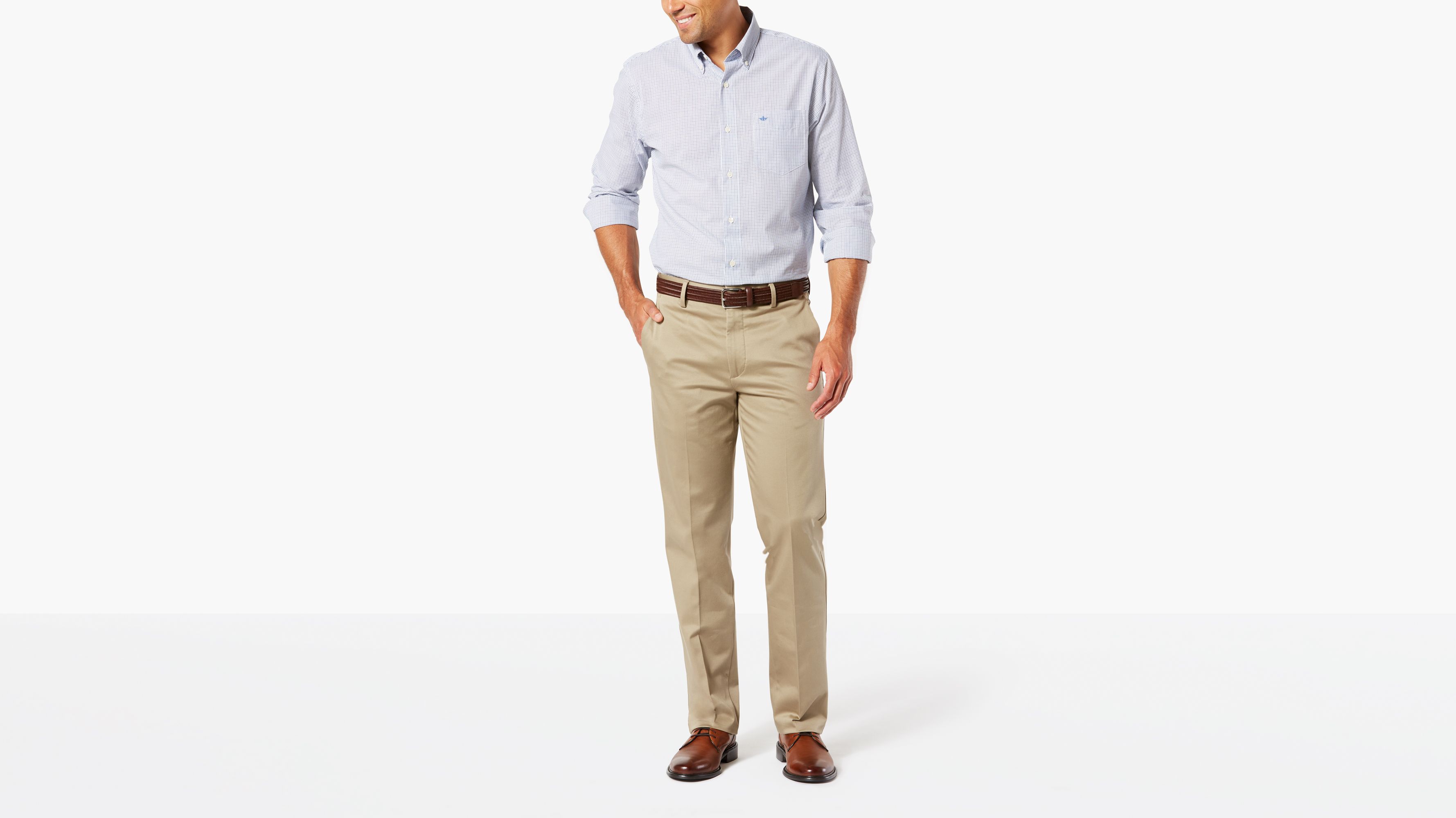 color shirt with beige pants