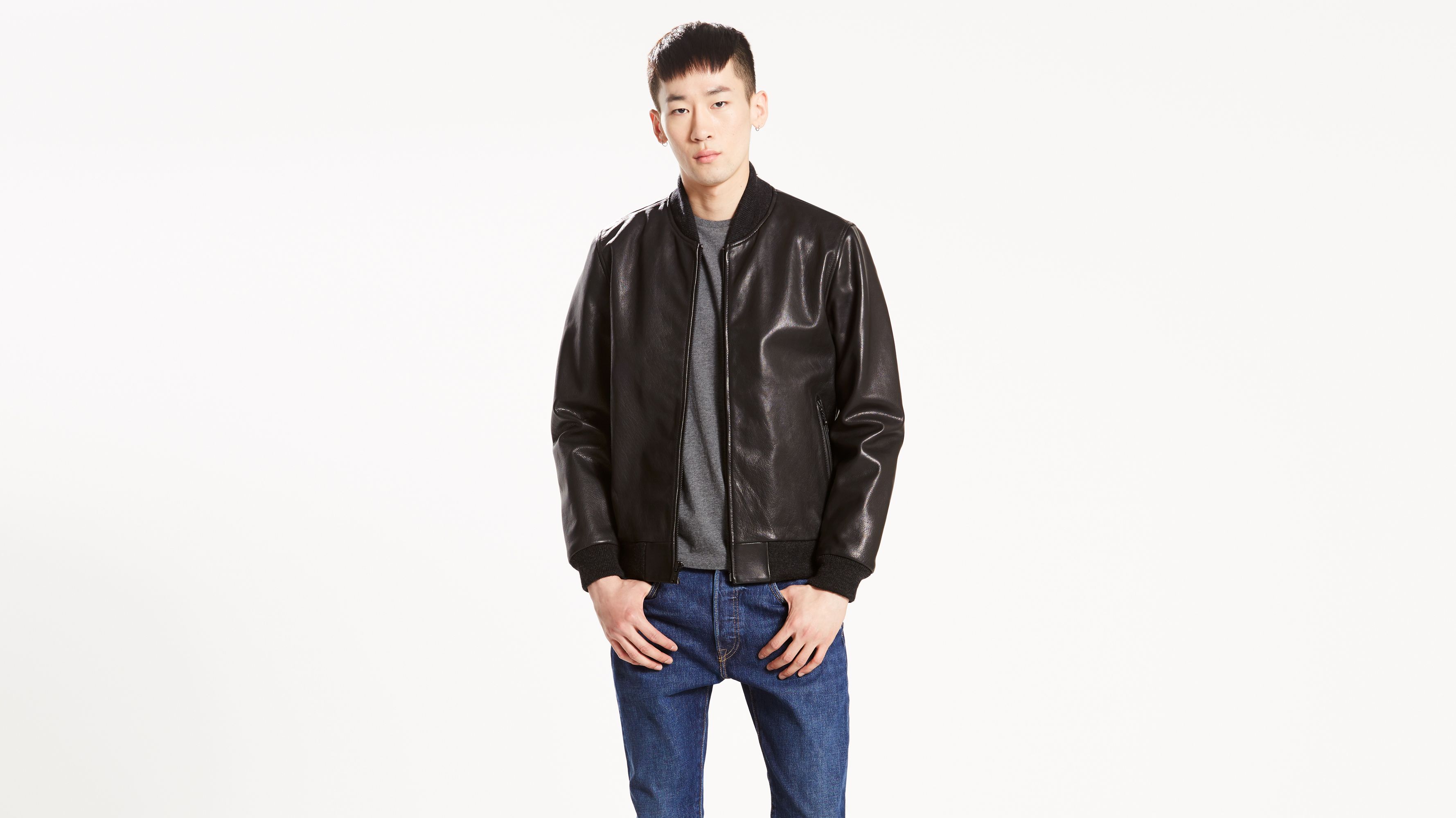levi jeans leather jacket guy