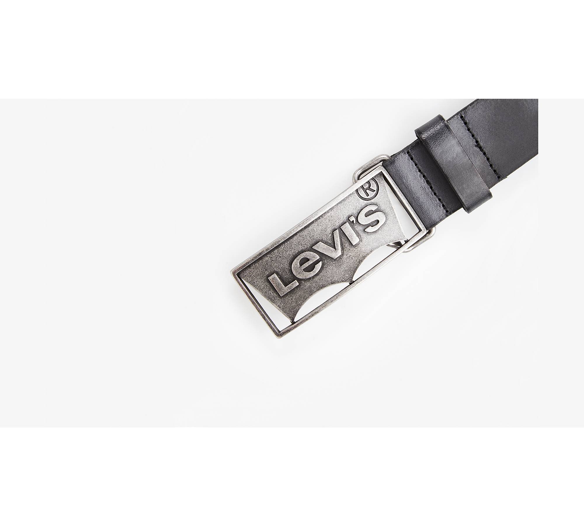 Men's Leather Belt with Removable Antiqued Logo Plaque Buckle by
