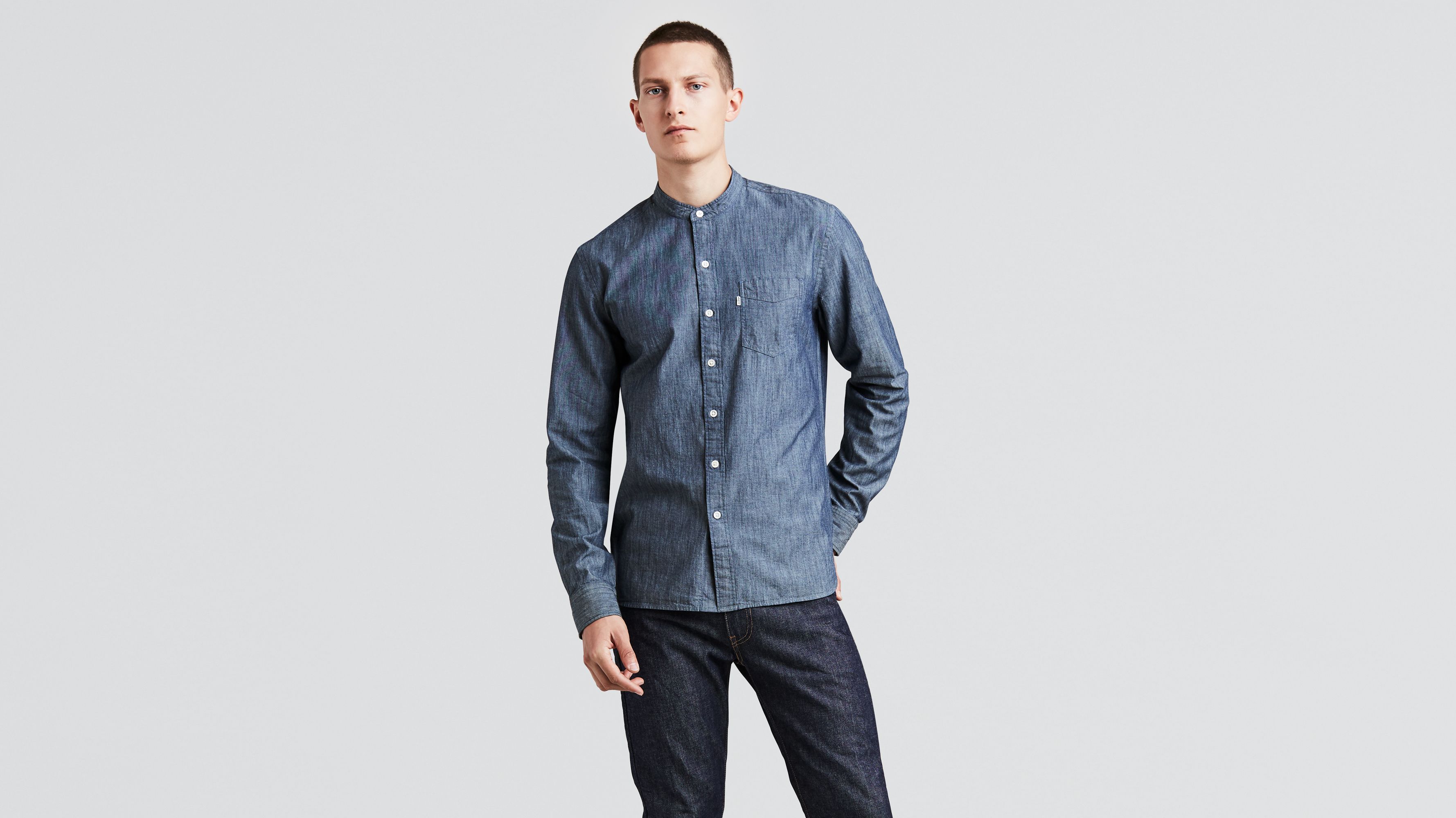 BOSS - Casual-fit shirt in cotton denim with stand collar