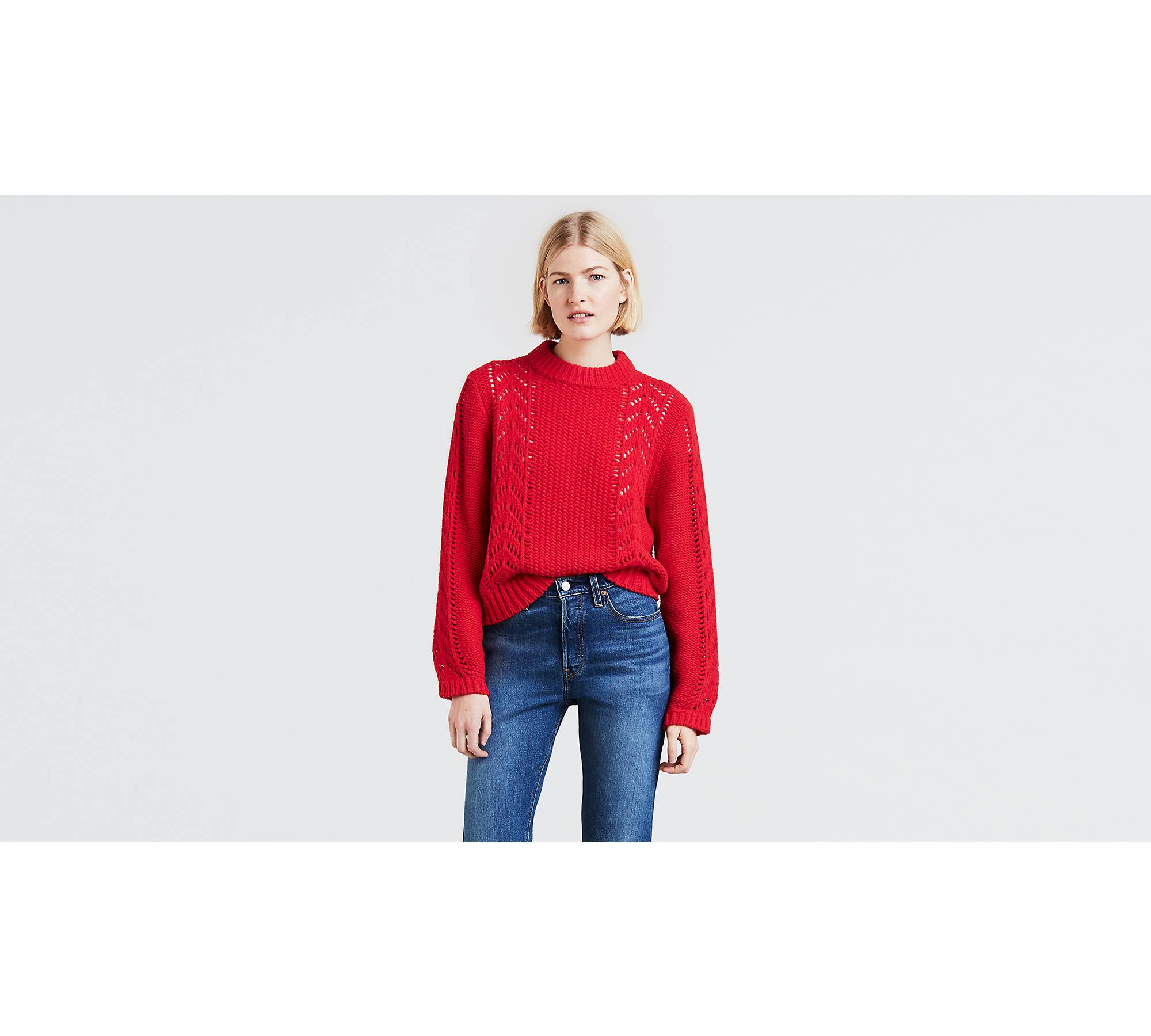 Lucky Brand Women's Scoop Neck Solid Pointelle Sweater, red, XL