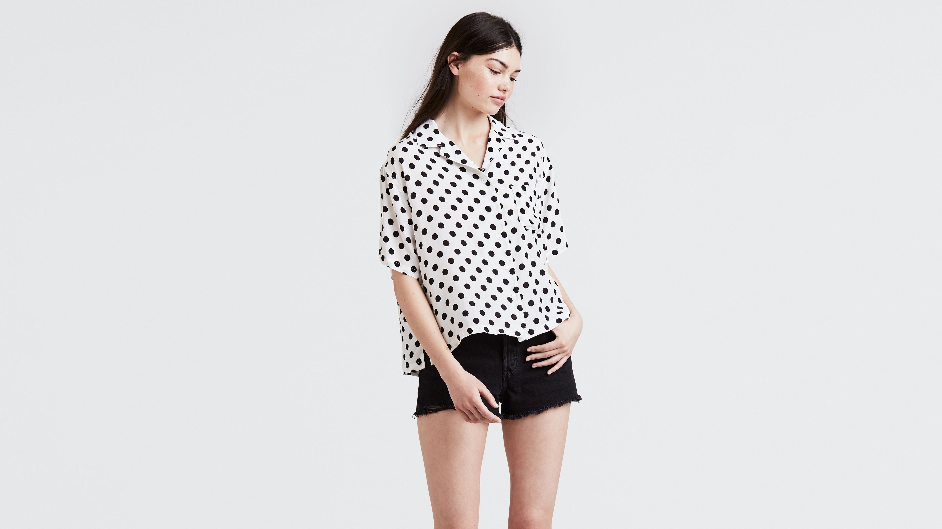 Women's Loose Casual Short Sleeve Top Pink Polka Dots on Black T-Shirt  Blouse(227rh9f)