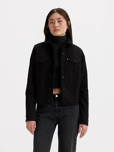 Introducir 41+ imagen levis black denim sherpa jacket women’s