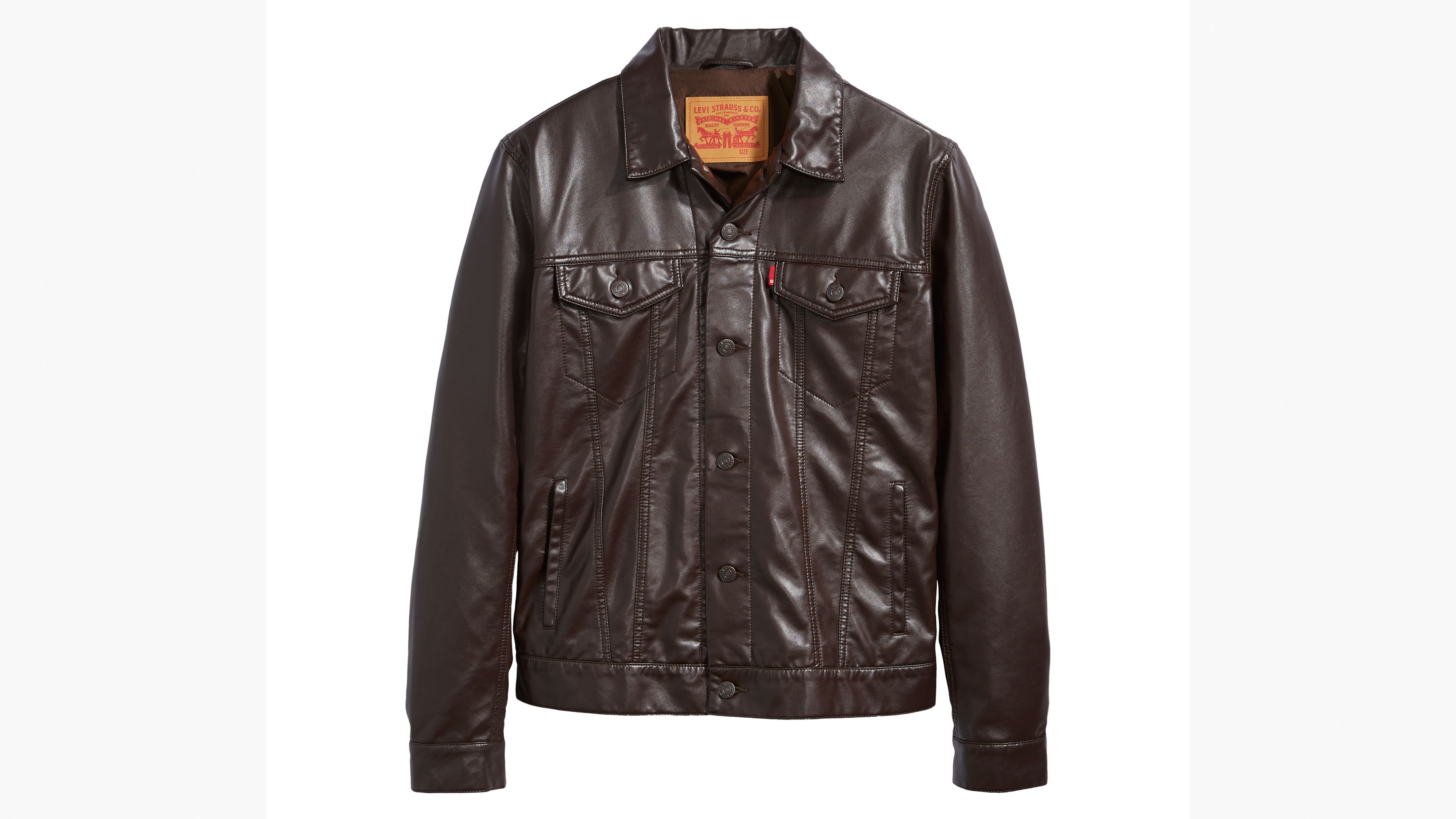 Faux Leather Trucker Jacket - Brown 