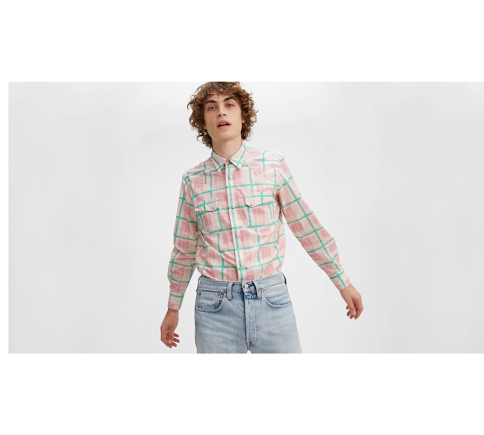 Levi's Vintage Clothing LVC 1950's Shorthorn Shirt in Pink/Pine