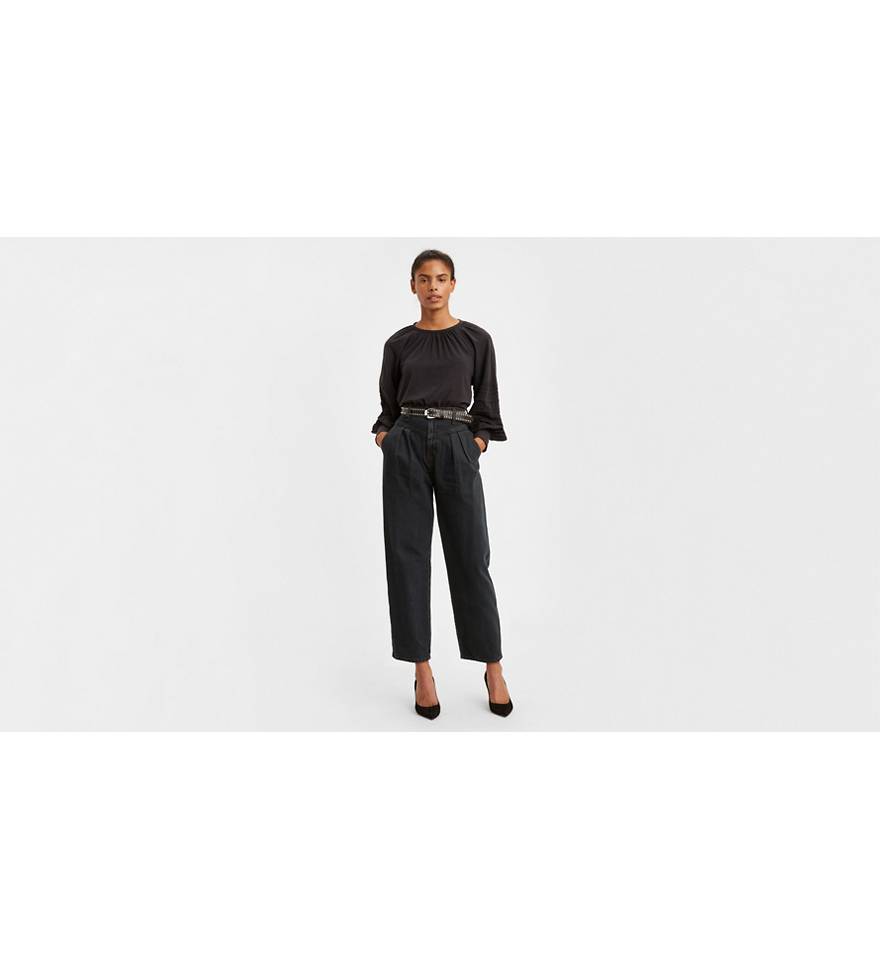 Vintage 80s Black Belted Trousers/ 1980s High Waisted Wide Leg